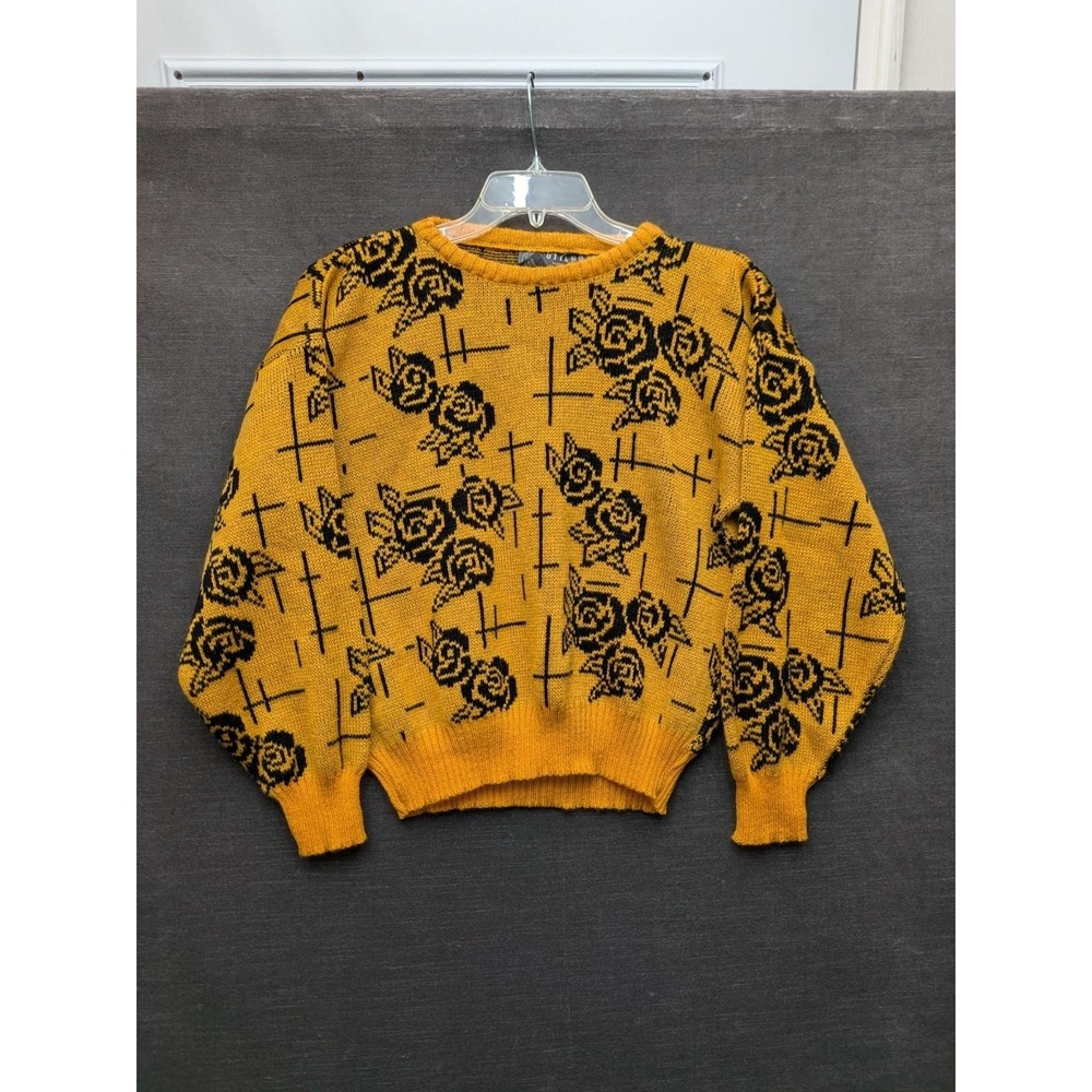 Vintage Gitano Yellow/Black Sweater Roses Made in Italy Grunge Y2K Hipster L*